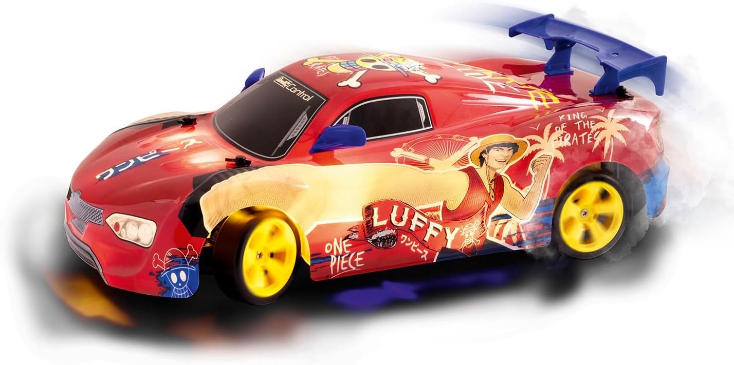 Revell Control Itasha Anime One Piece RC Drift Car performing a drift with LED lights active
