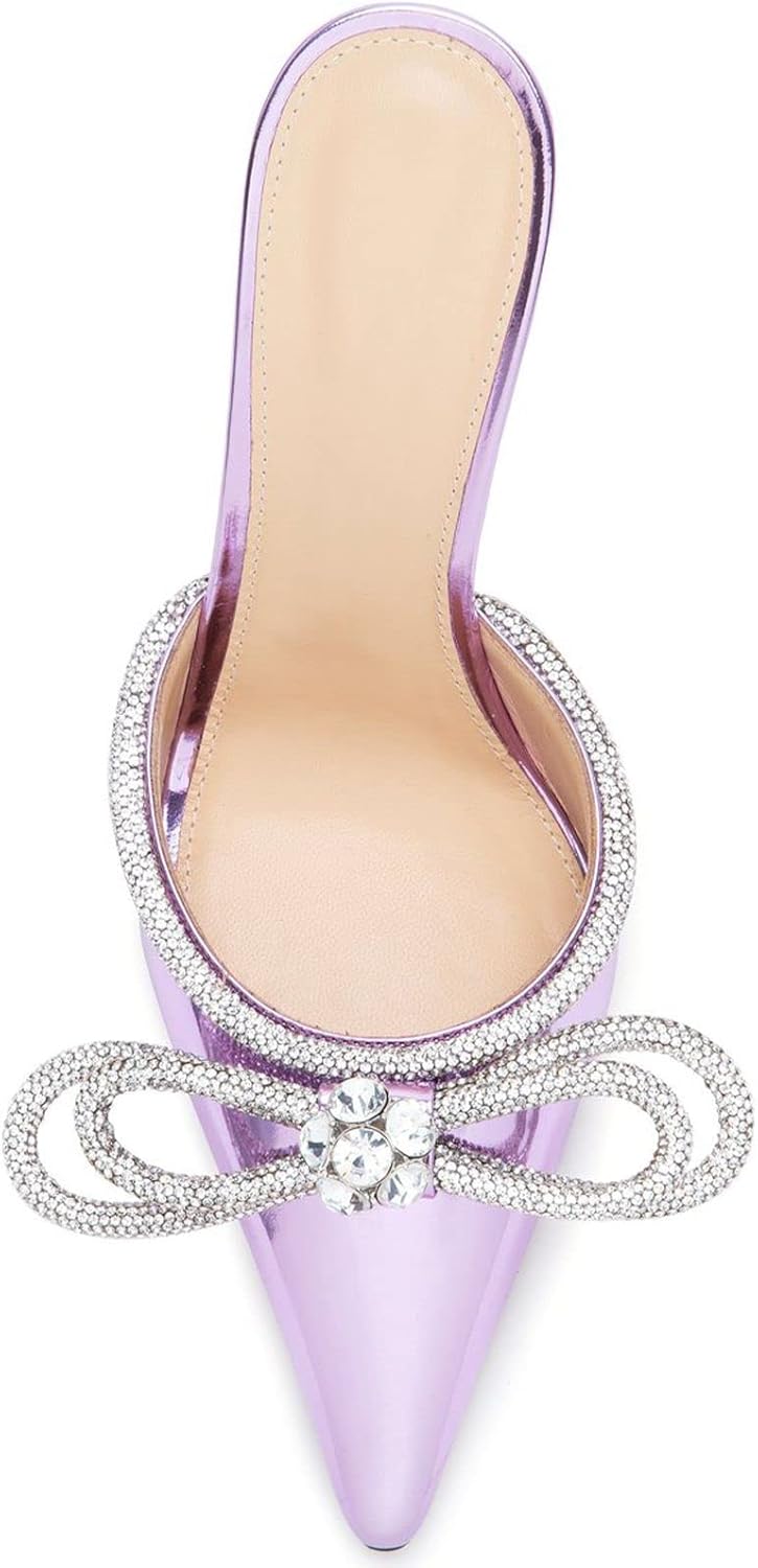 LauraVicci Women High Heeled Mules Rhinestone Embellished Crystal Double Bow Satin Sandals Pointy Toe Stiletto Shoes Summer Bridal Shoes - Image 4