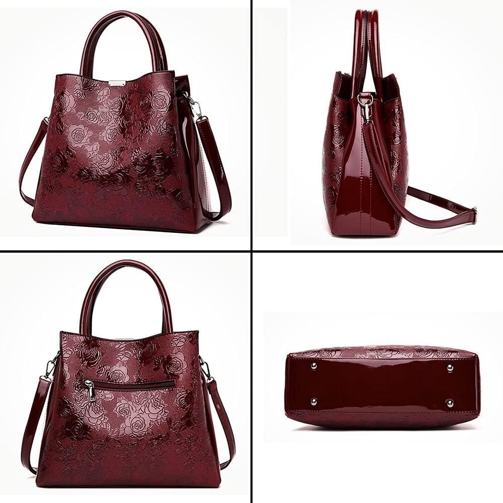 Women Handbag PU Leather Shoulder Bag Rose Print Pattern Messenger Bag Long Wallet Purse 2 Pcs Set