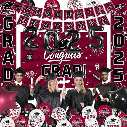 Image of Graduation Decorations Class of 2025,Red Themed Graduation Decorations Party Set Includes Backdrop Banner, Hanging Swirl,Door Banner,2025 Foil Balloons, Latex Balloons for Senior School Celebrations