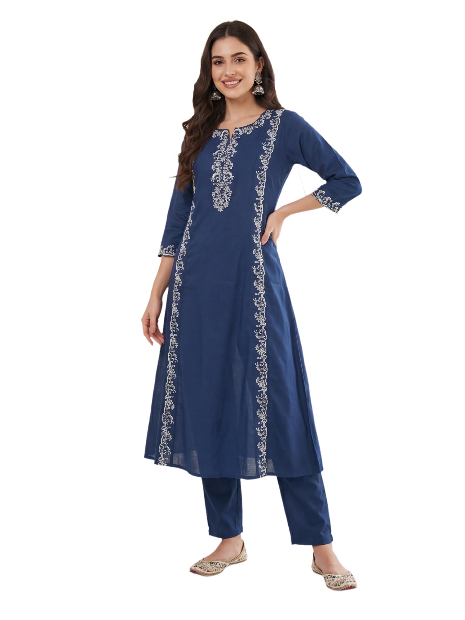 indo era Women's Pure Cotton Embroidered Thread Work Kurta & Pant Set-picture-20