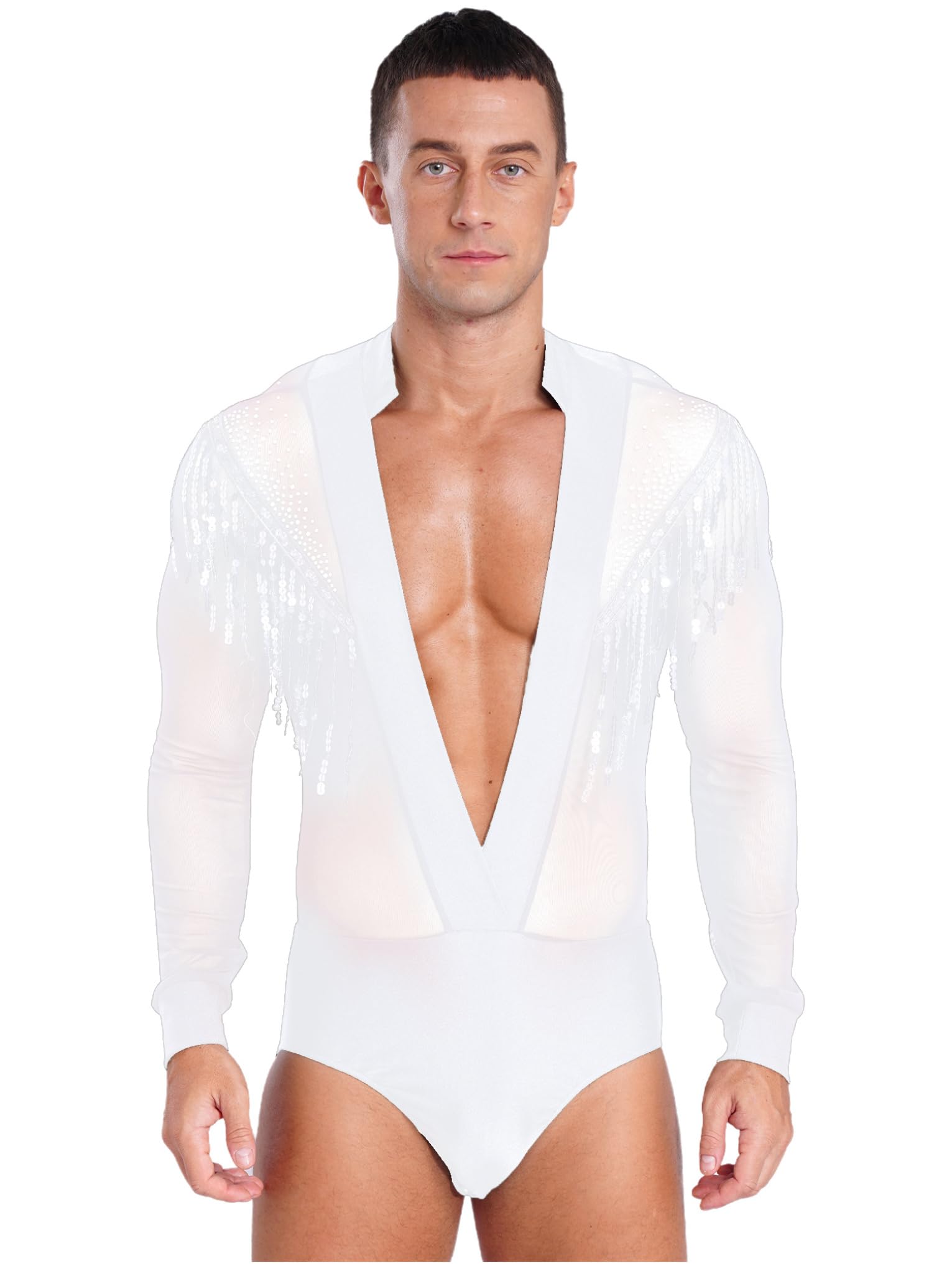 Jan Jean Men's Latin Dance costume Sequined Tassels V Neck Dance Shirts Sheer Mesh Bodysuit Ballroom Dancewear White X-Large