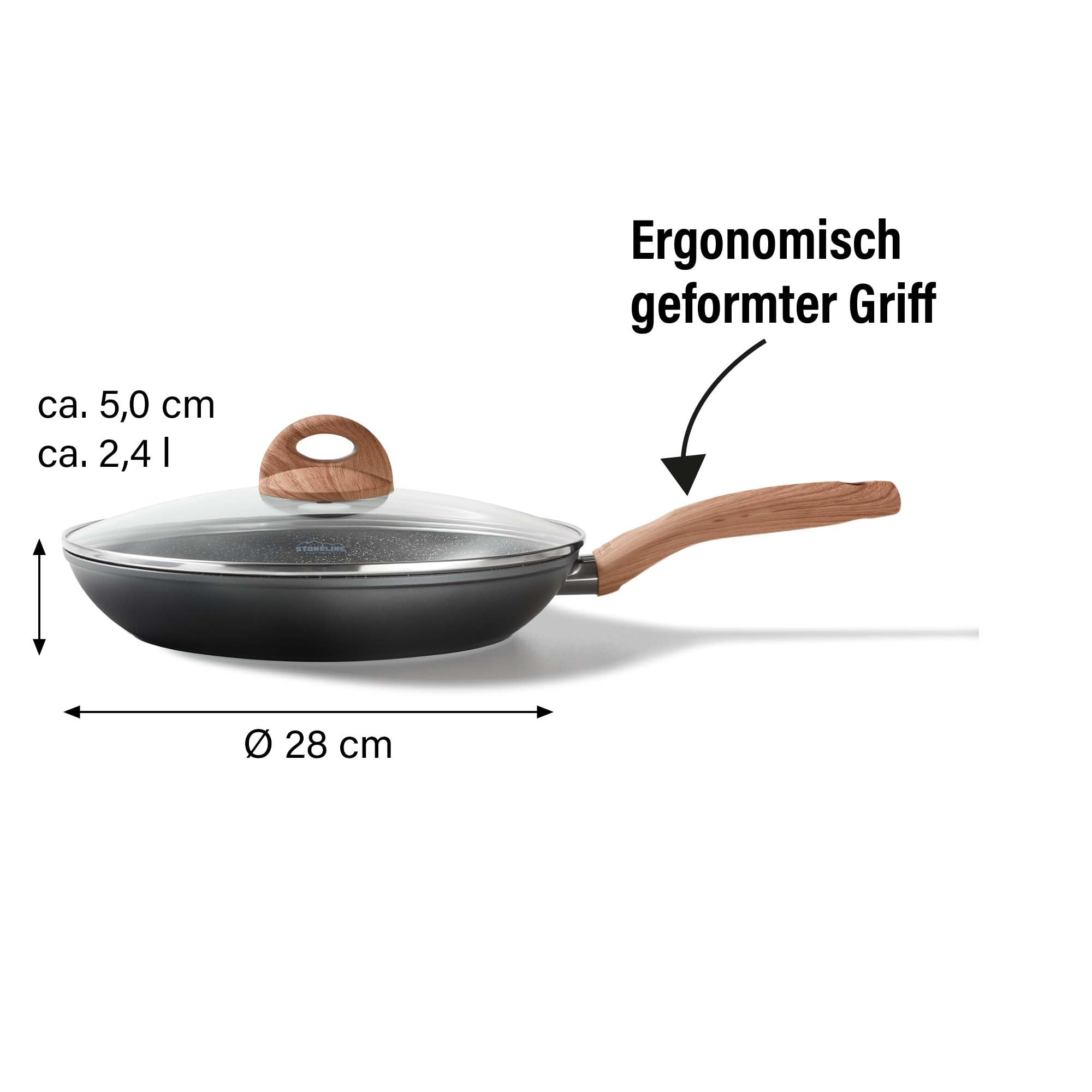 STONELINE Ceramic Sartén grande de cerámica con tapa, 28 cm, apta para inducción, antiadherente con partículas de piedra, libre de PFAS, para todo tipo de cocinas, apta para horno, mango efecto madera