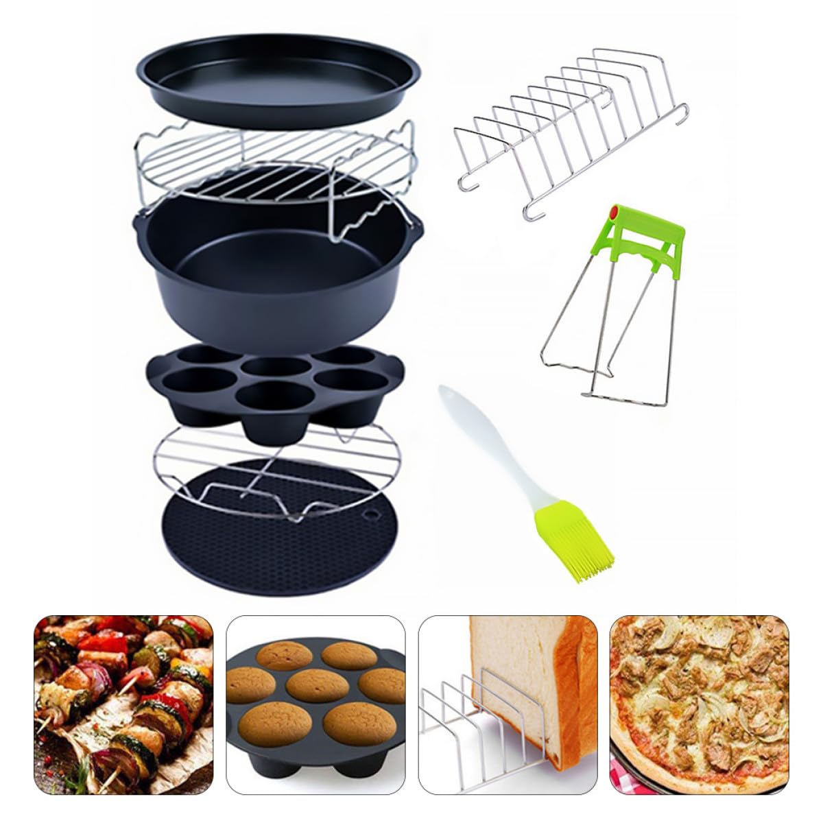 Housoutil 9 Stück Edelstahl Heißluftfritteusen mit Backform und Antihaftbeschichteter Kuchenform Spülmaschinenfest für Küche und Kochen Geeignet Zufällige Farbe