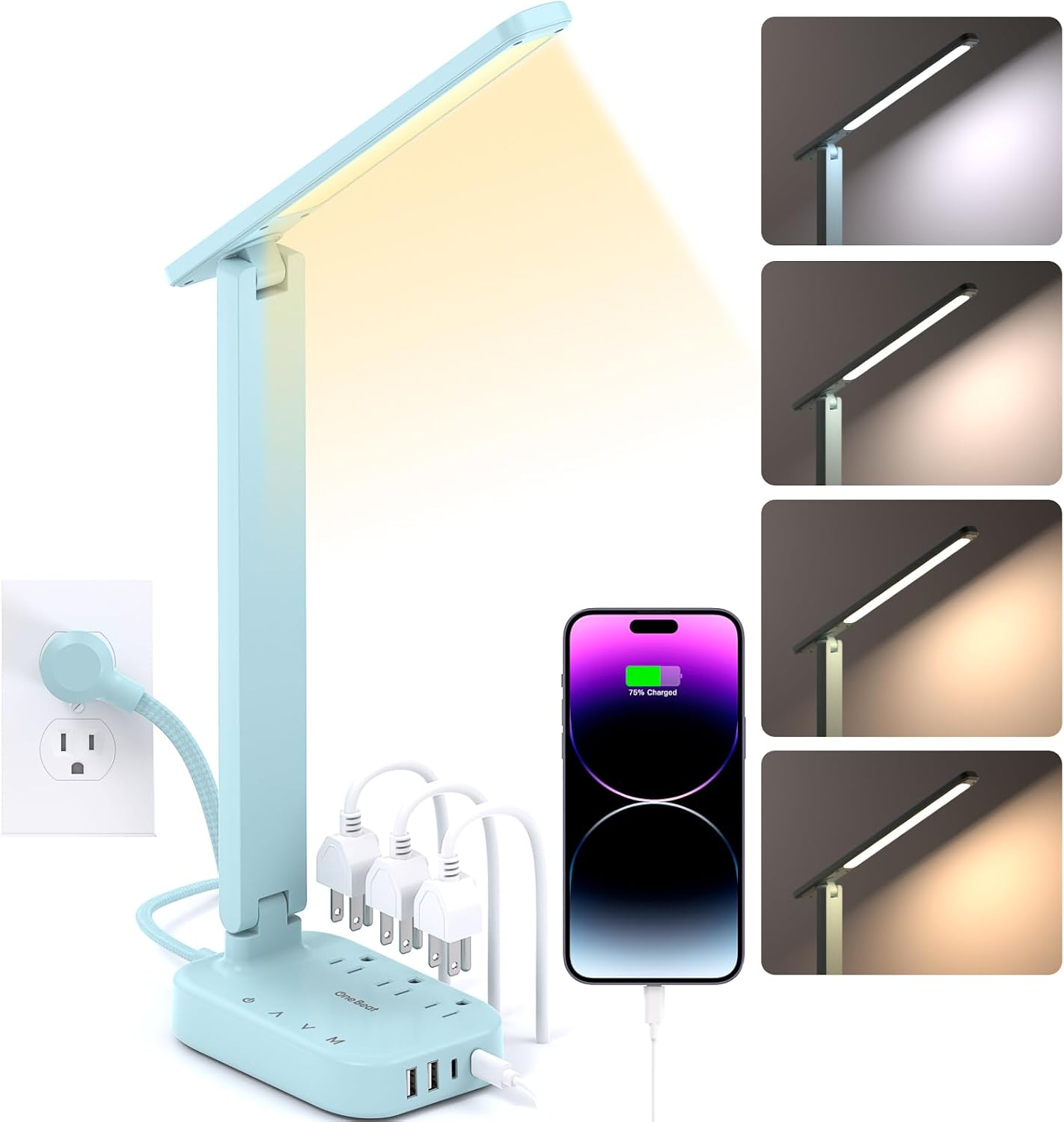 LED Desk Lamp, Power Strip with 4 USB 3 Outlets, Dorm Room Essentials, Blue