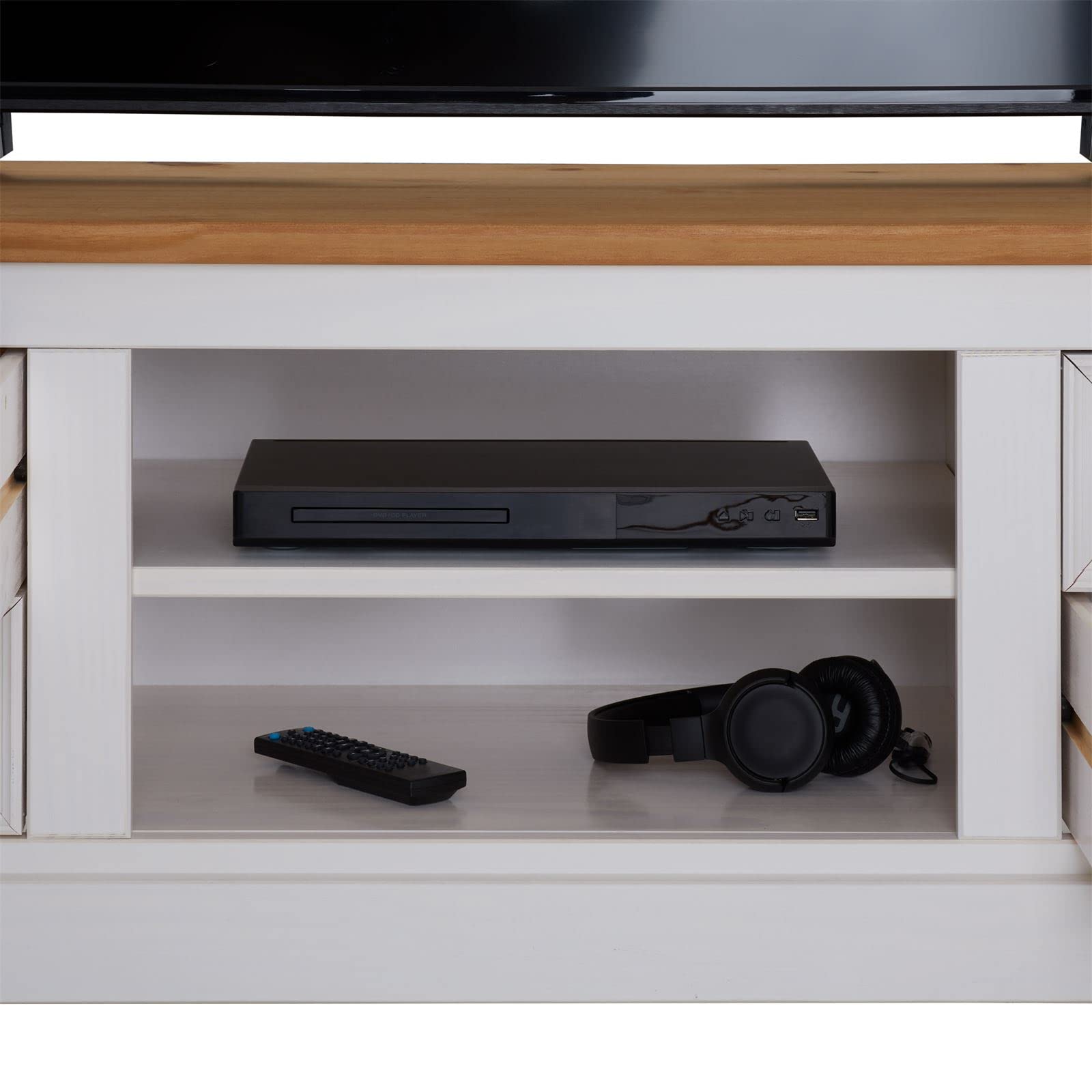 IDIMEX Lowboard Kent für 65" TV in weiß/Eiche Farben aus Massivholz, schöner Fernsehschrank, praktisches HiFi-Möbel mit 4 Schubladen, attraktives TV Sideboard mit Zwei Nischen