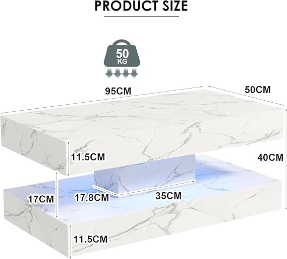 COSVALVE White Marble Coffee Table for Living Room with 24 Colors LED Light, 2 Tier High Gloss Modern Centre Table Rectangle Tea Table for Home, Office Furniture