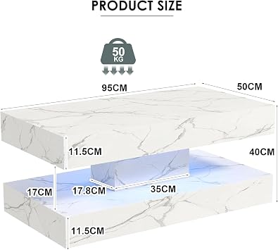 COSVALVE White Marble Coffee Table for Living Room with 24 Colors LED Light, 2 Tier High Gloss Modern Centre Table Rectangle Tea Table for Home, Office Furniture