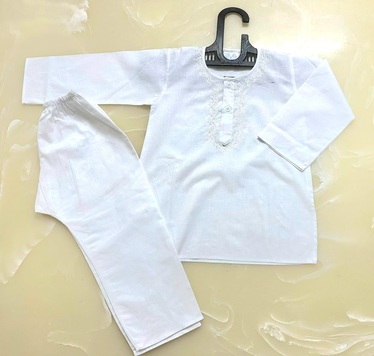 Trisav Cotton Embroided Kurta Pajama for Kids(Unisex) (White, 8-9 Years) 1