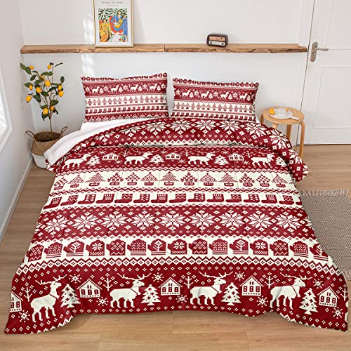 Z.jian Home Christmas Red Bedding Set Queen Size With Red White Snowflake And Deers Christmas Trees Holiday Style Comforter Set For New Year Gift Choice 1 Comforter 2 Pillowcases(Christmas 03,Queen) #TOP1