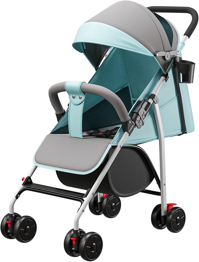 Passeggino canna compatta, 0-4 anni (30kg max), leggero (4,8 kg), confortevole, pieghevole e inclinabile, con cotone, porta bicchieri, parasole (azzurro)