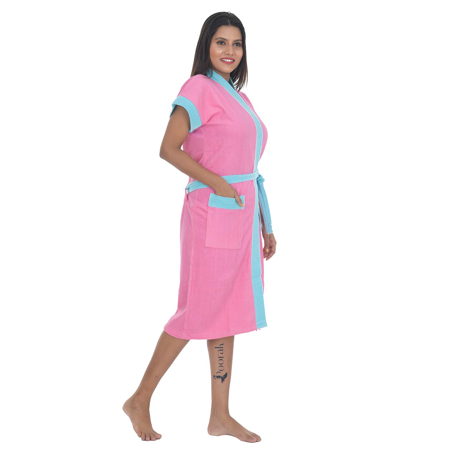 Poorak Dark Collection Light Blue Strip Pink Color Half Sleeves Soft Terry Cotton Bathrobe for Women - Free Size Upto 42 Inches 1