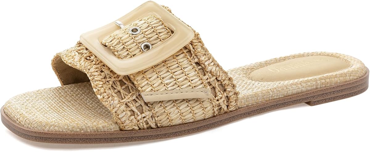 Raffia Flat Sandals Women Square Toe Buckle Summer Beach Slides | Soft Breathable Lining, Woven Cushioned Footbed, Stylish Oversized Buckle, Vacation, Shopping, Daily, Effortless Style