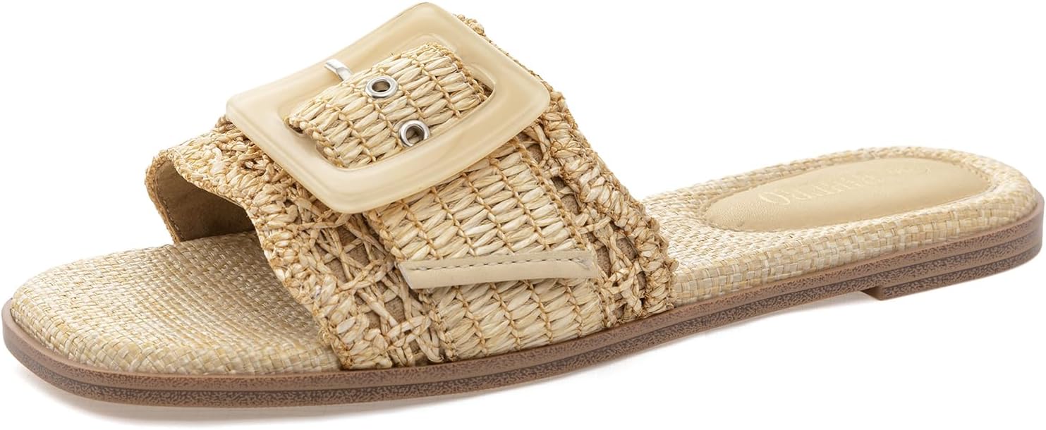 Rihero Womens Raffia Flat Sandals Square Open Toe Summer Beach Slip On Woven Buckle Slide Sandals