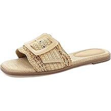 Women's Raffia Flat Sandals Square Open Toe Summer Beach Slip On Woven Buckle Slide Sandals