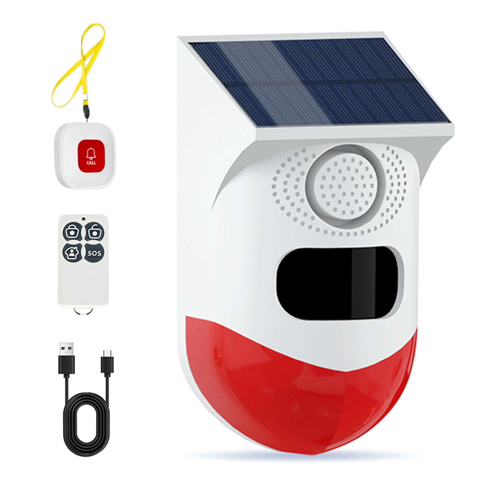 Solar Outdoor Motion Sensor Alarm,120db Outdoor Security Siren with Flashing Light, 3 Working Mode Motion,IP65 Waterproof for Garden Yard Farm Home (1 Red Flashing Siren+1 Buttons+1 Remote Control)