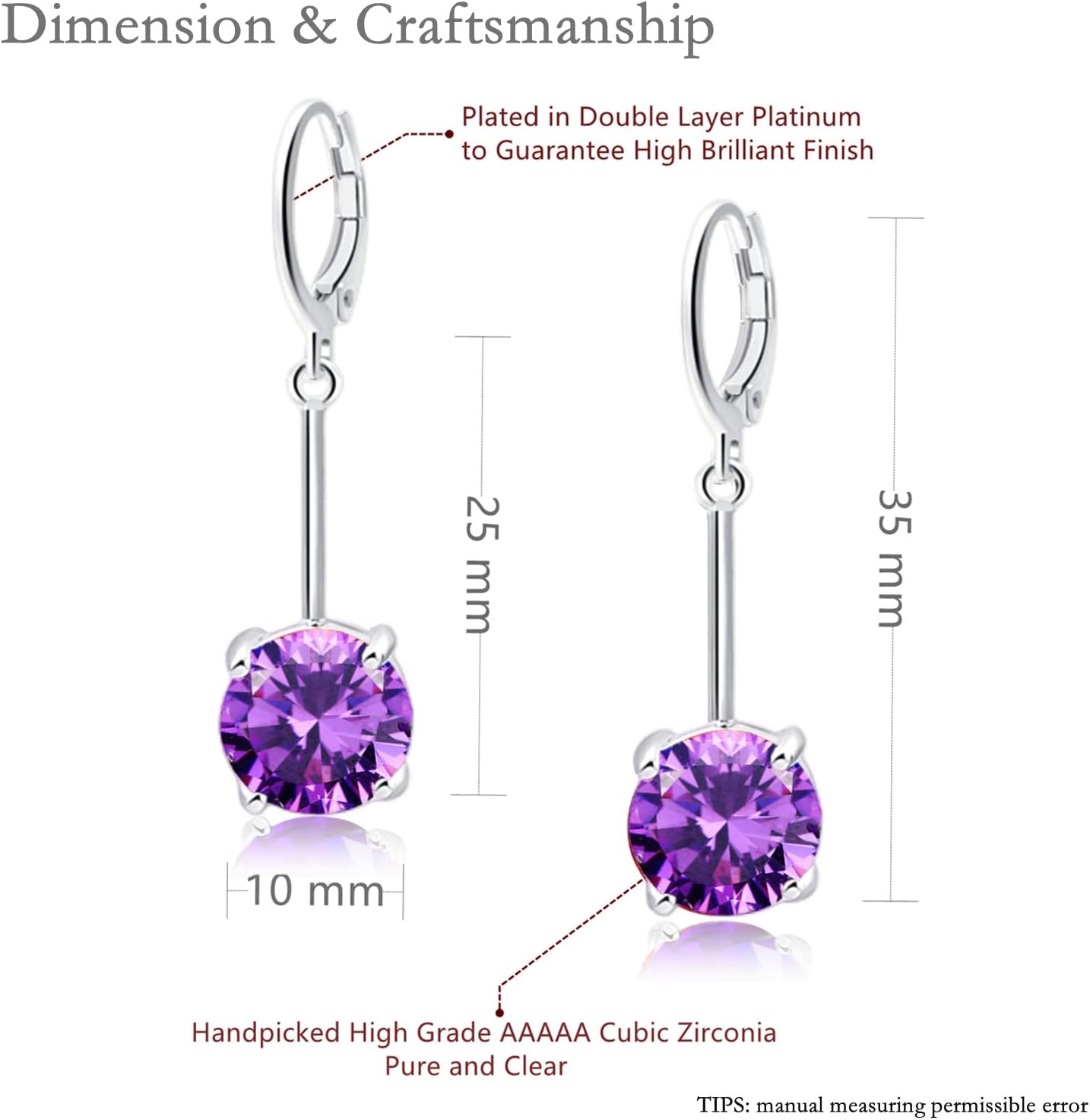 VONSSY Gemstone Drop Dangle Earrings | Platinum/Gold Plated Leverback Crystal Cubic Zirconia Hanging Red/Pink/Blue Earrings