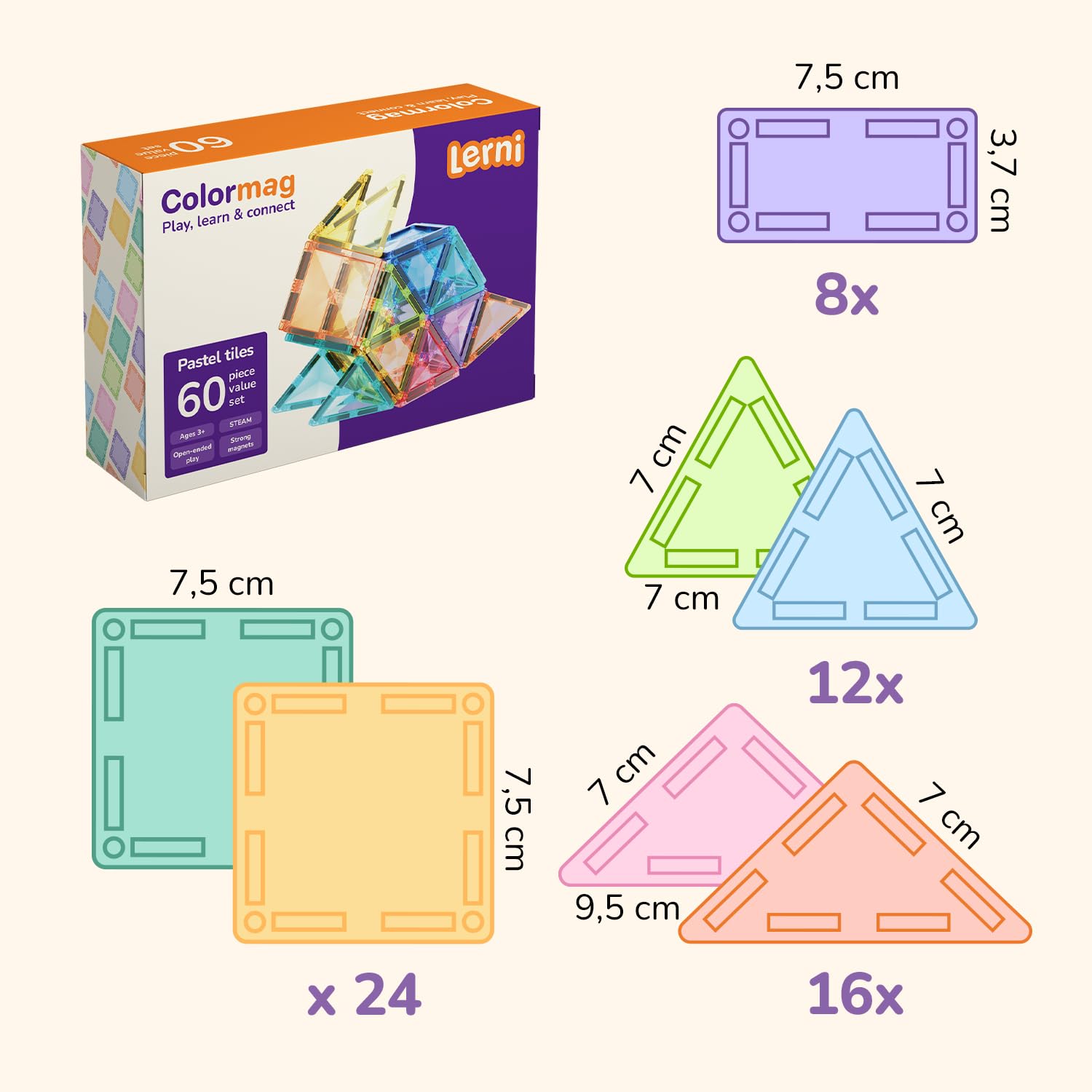 LERNI COLORMAG Magnetbausteine 60 Teile – Magnetisches Konstruktionsspielzeug für Kinder ab 3 Jahren, Mint Lernspielzeug mit Ideenheft, Pastell