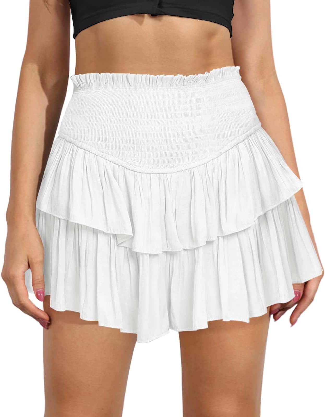 Women's Cute High Waist Ruffle Mini Skirt Layered Ruffle Hem Flared Flowy Casual Swing Beach Mini Short Skirt