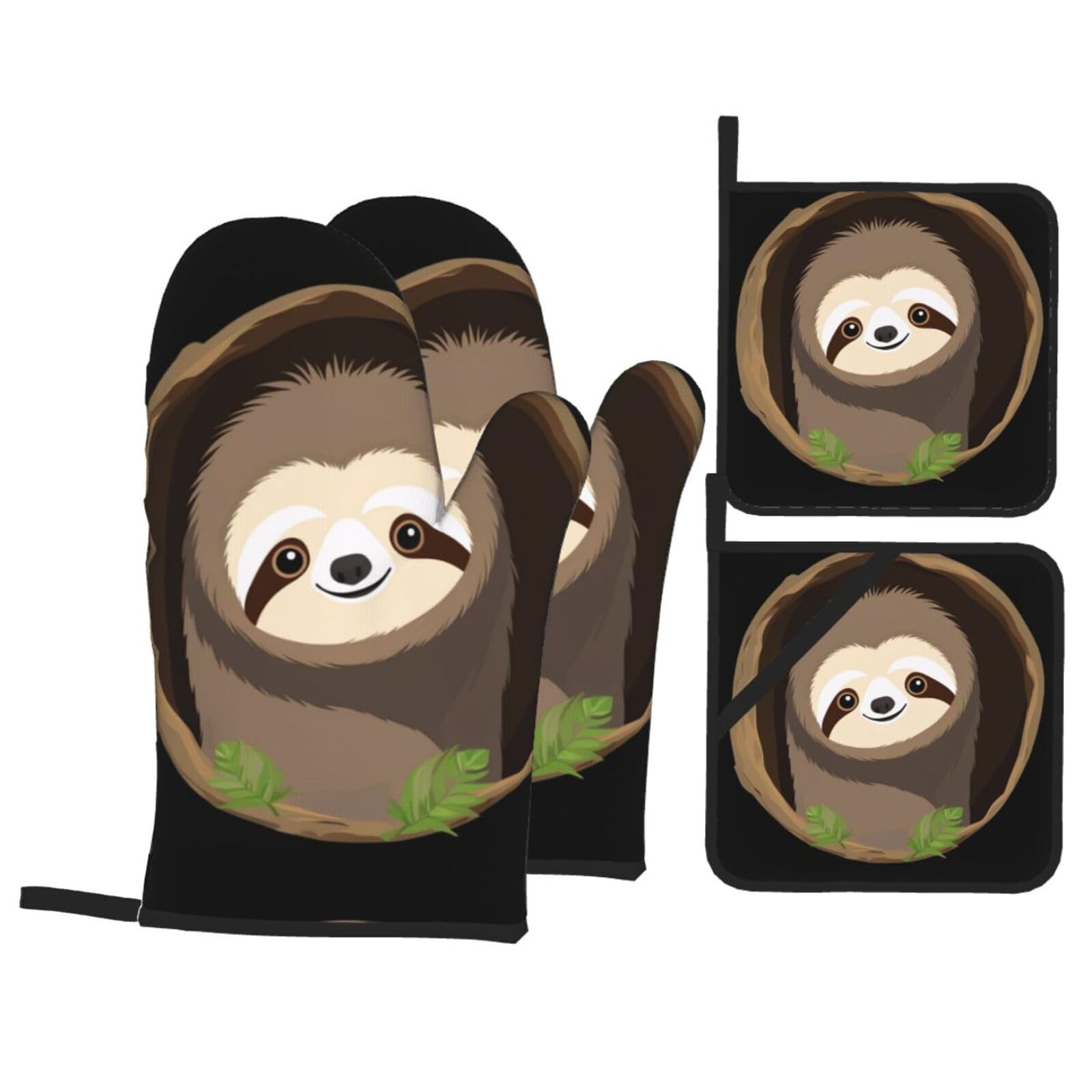 YYHWHJDE Sloth in a Tree Hole Printed Kitchen Baking Set of 4 Thick Insulated Oven Mitt & Pot Holders, Anti-Scalding for Microwave, Oven, Outdoor BBQ