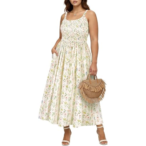 RITERA Plus Size Dresses for Women Square Neck Spaghetti Strap Summer Maxi Dress Sleeveless Smocked Floral Boho Beach Dress
