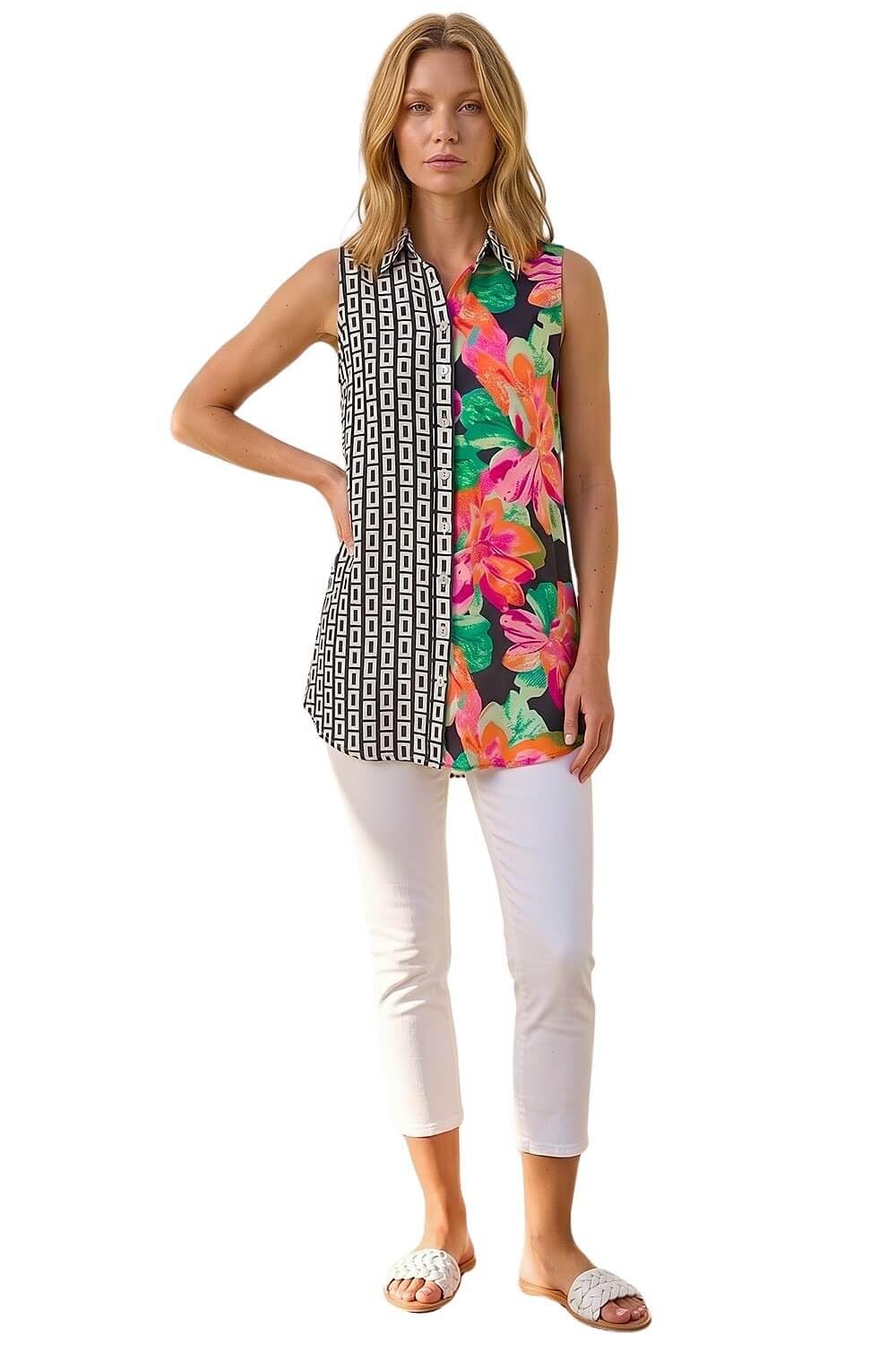 Roman Sleeveless Shirt for Women UK Ladies Blouse Top Button Through Summer Smart Casual Work Cocktail Party Office Holiday Special Occassion Evening Going Out - Black - Size 18