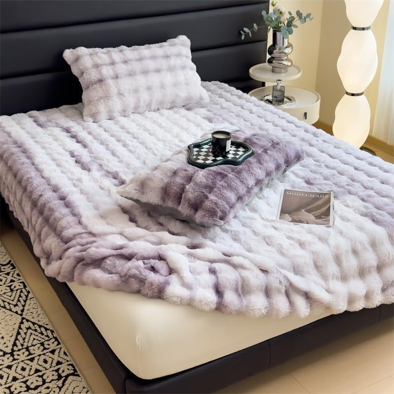 Milk Velvet Bedding Fitted Sheet Mattress Cover, Luxury Soft Fuzzy Bottom Sheet Velvet Fitted Faux Fur Bottom, Flannel Warm Tie Dyed Mattress Cover(Purple,Cal-King 78"x87")
