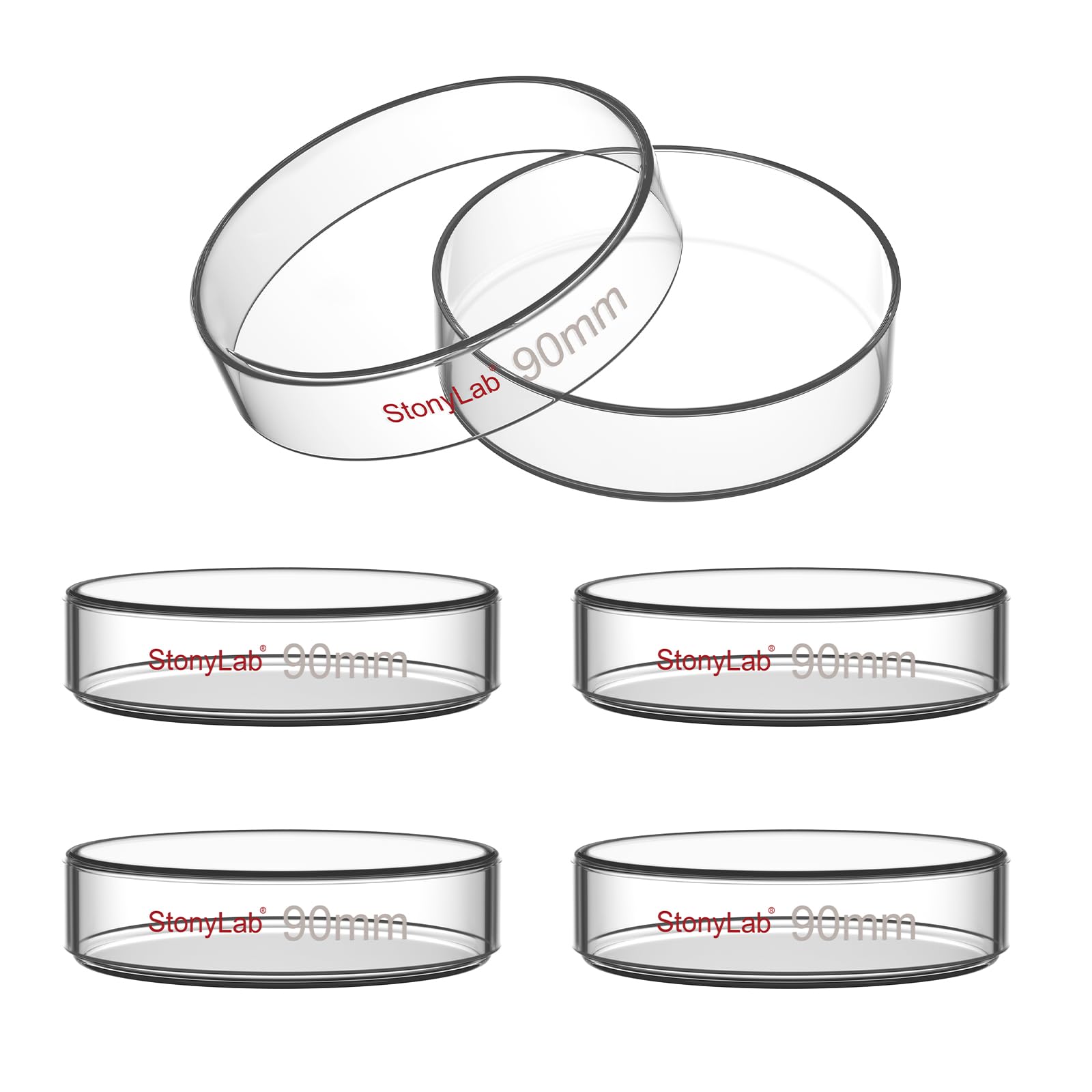 stonylab Glass Petri Dish with Lid, 5-Pack Borosilicate Glass Clear Culture Dish for Laboratory, 90x20 mm