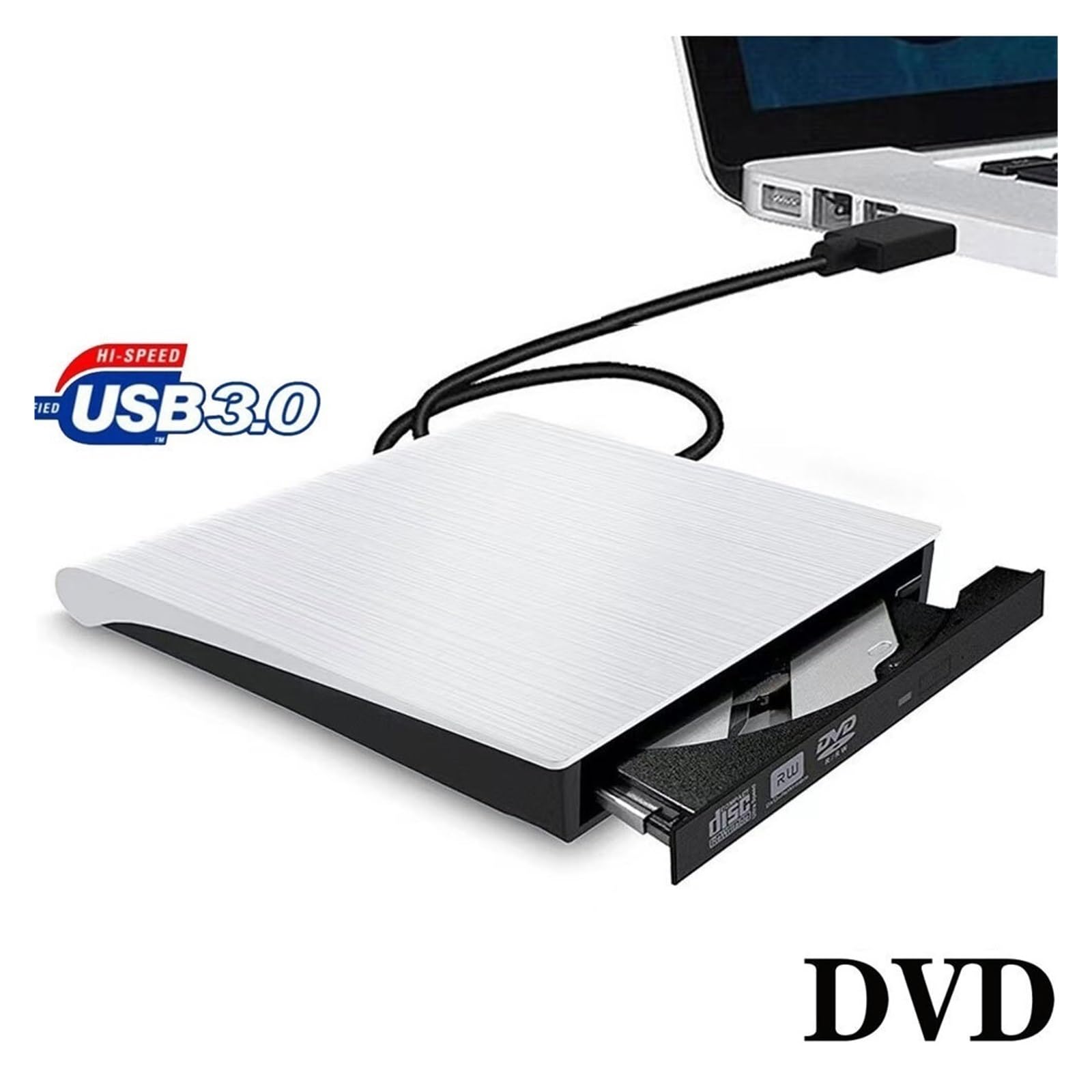 Przenośny odtwarzacz DVD, Zewnętrzny odtwarzacz DVD USB 3.0 Przenośny napęd DVD RW Odtwarzacz CD Kompatybilny z laptopem, Oglądaj filmy dłużej(Wit)