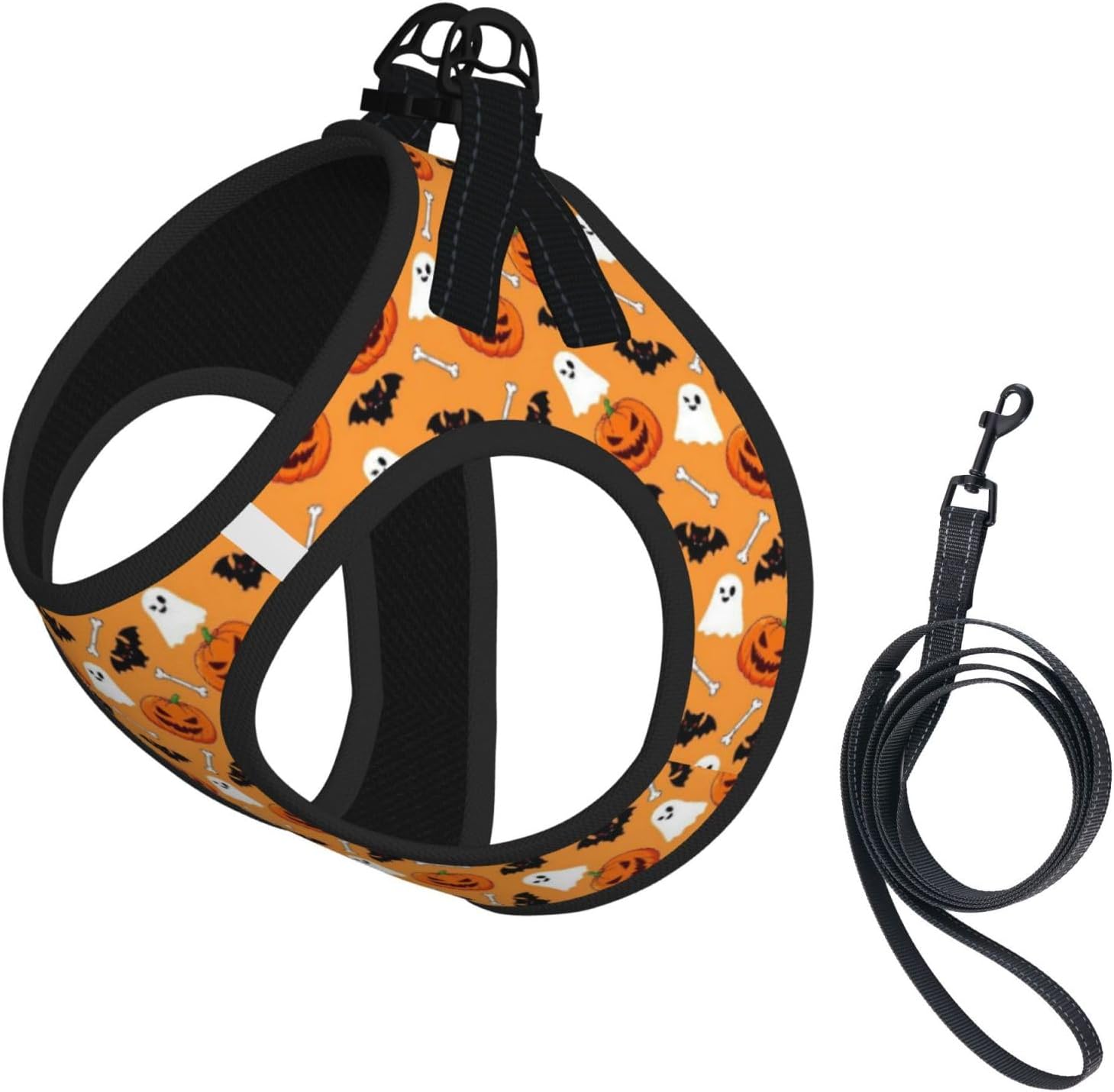 Adjustable Halloween Reflective Dog Harness with Leash, Pumpkin Ghost Soft Vest Harness for Small Dogs & Puppies (Medium)