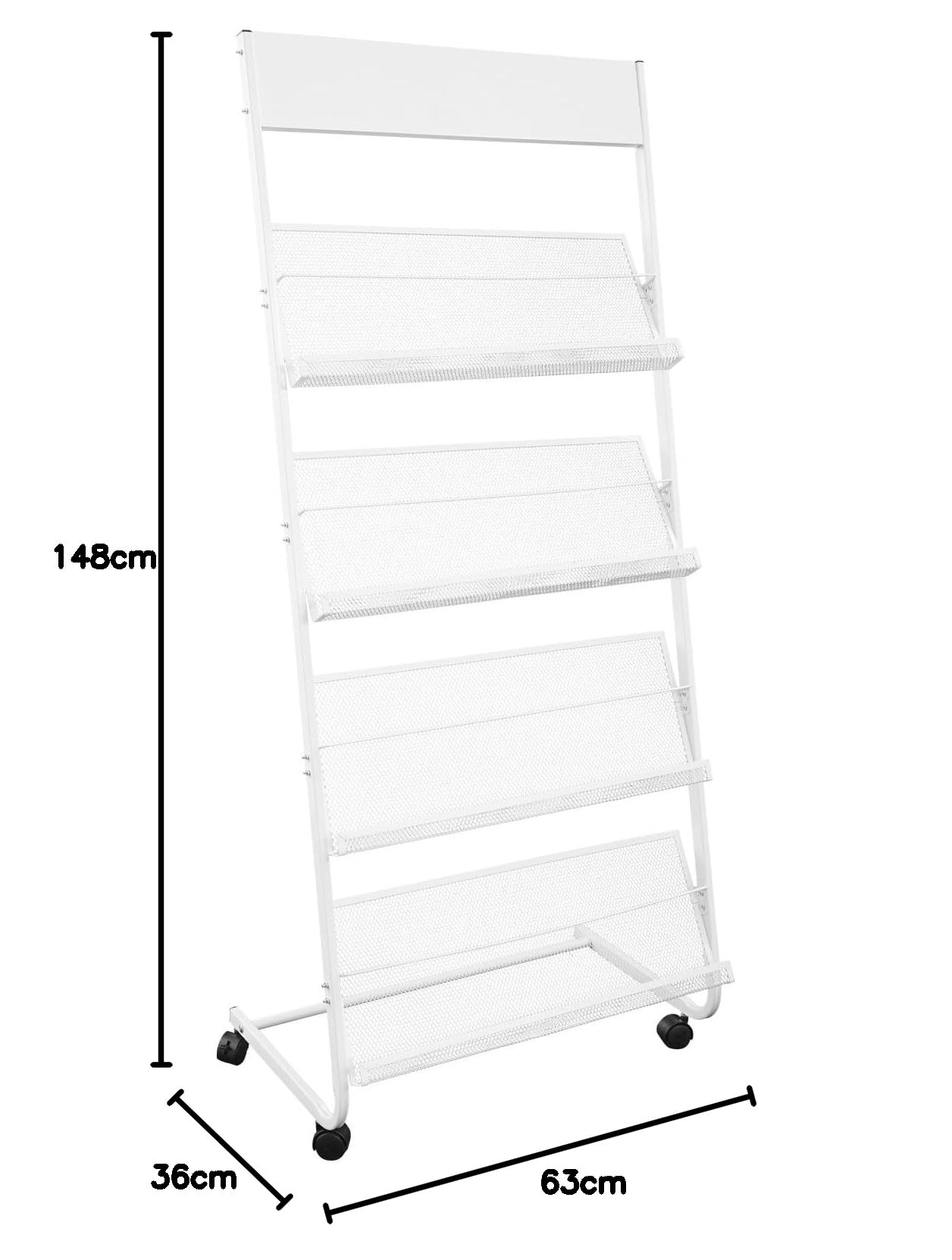 Portariviste a 4 piani, bianco con ruote, per atelier, biblioteche, uffici, 63 x 36 x 148 cm