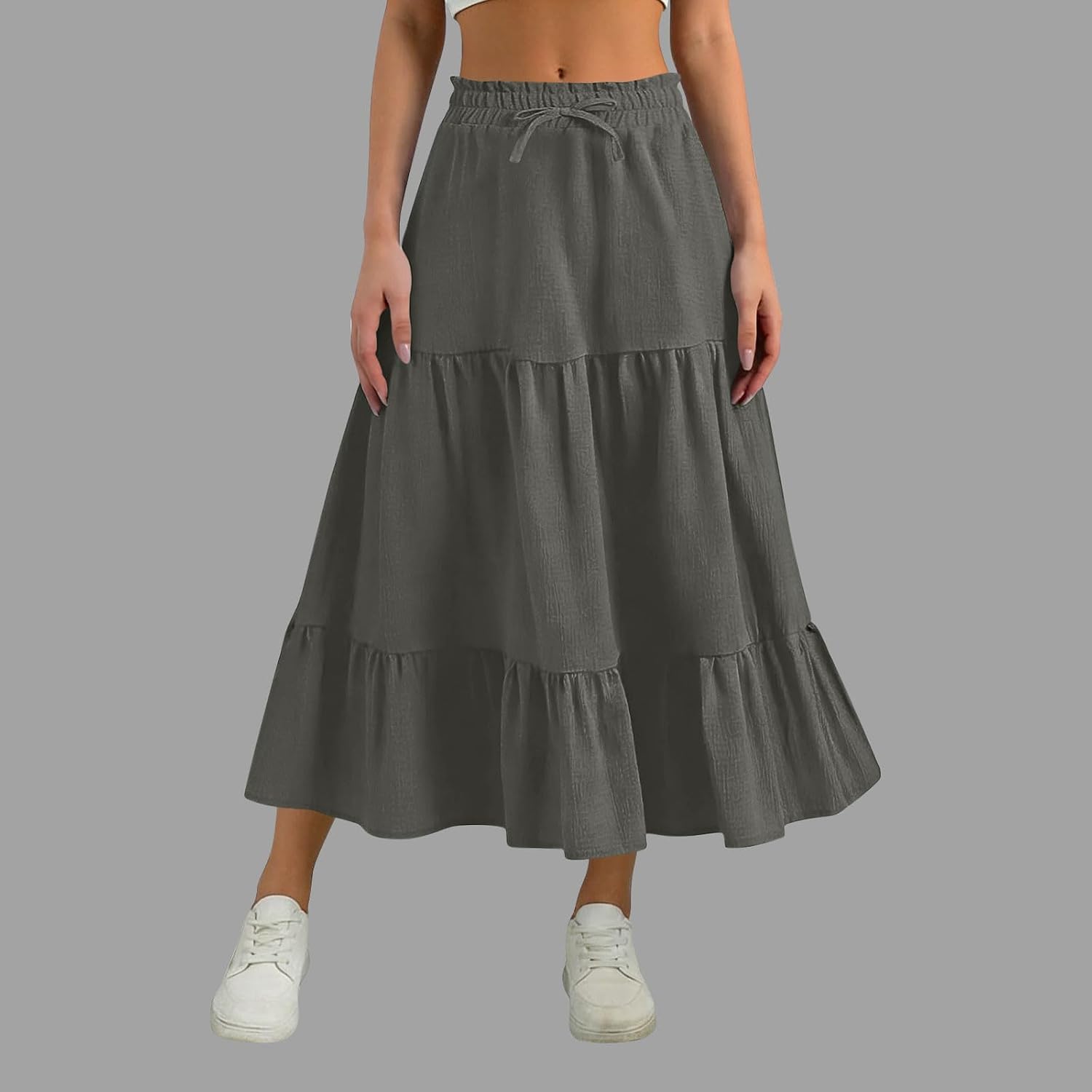 Maxi Skirts for Women Smocked Elastic High Waisted Casual Boho Solid Swing Pleated Beach Long Skirts with Pockets