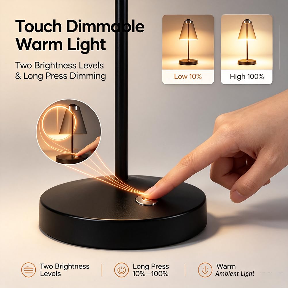 Akku Tischlampe Kabellose 3000K Dimmbar Tischleuchte USB Aufladbar LED Touch Schalter Nachttischlampe Batteriebetrieben Warmes Licht 2 Helligkeitsstufen Metalllampe Schwarz für Esszimmer Terrasse