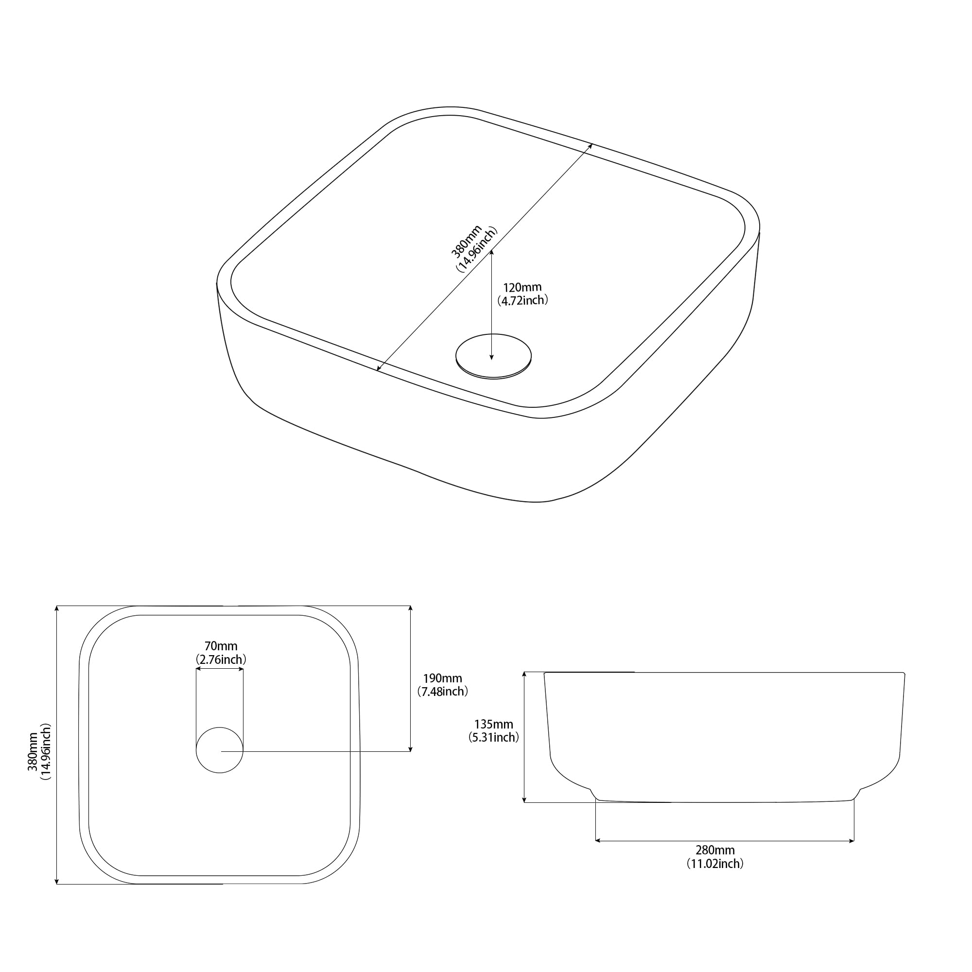 NATURFLAIR Lavabo da bagno in ceramica FCH5583 quadrato, 380 x 135 mm, fatto a mano, in ceramica quadrata…