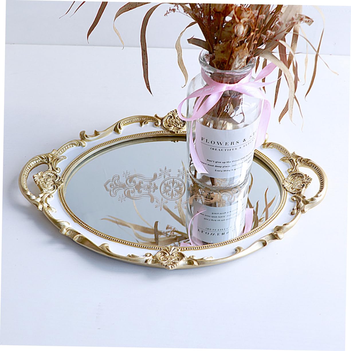 MAGICLULU Vassoio Ovale Portaoggetti in Resina Vassoio Porta Accessori Superficie Specchio Porta Gioielli Elegante per Casa Stampa Floreale Bianca