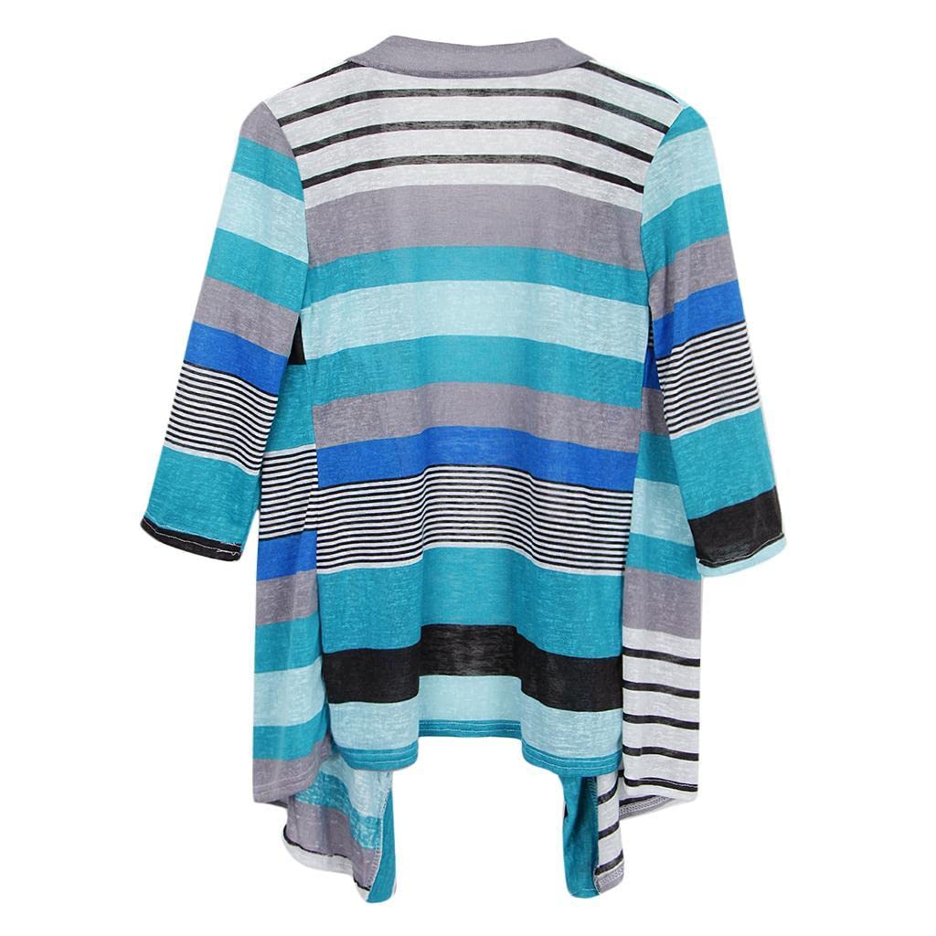 Women's 3/4 Sleeve Irregular Stripe Open Front Shawl Kimono Cardigan Blue M-image-40