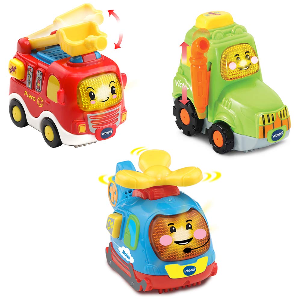 VTech - TutTut Bólidos Pack de 3 Coches con botón Sorpresa, Piero el camión de Bomberos, Víctor el Tractor y Mateo el helicóptero