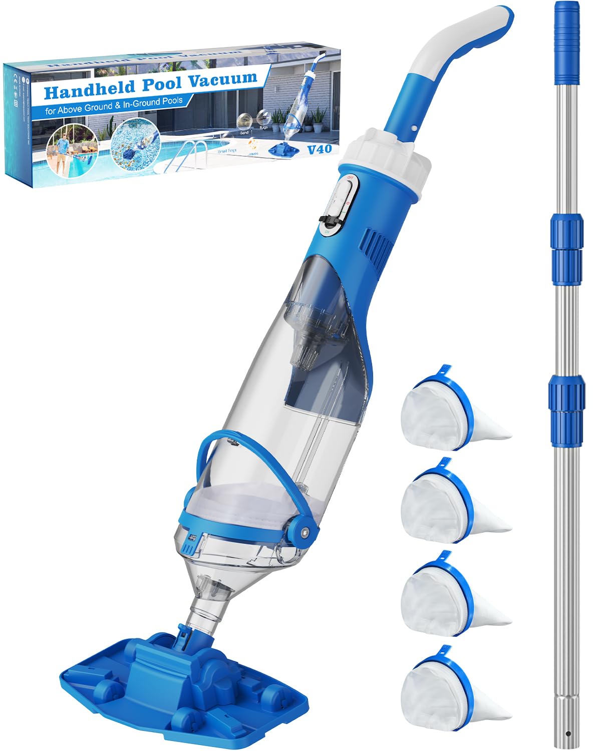 Cordless Pool Vacuum with Telescopic Pole, 18.5 GPM Powerful Suction, 1.5H Supercharge Technology, Handheld Rechargeable Pool Vacuum Cleaner for Above Ground/Inground Pools, Hot Tubs, Spas