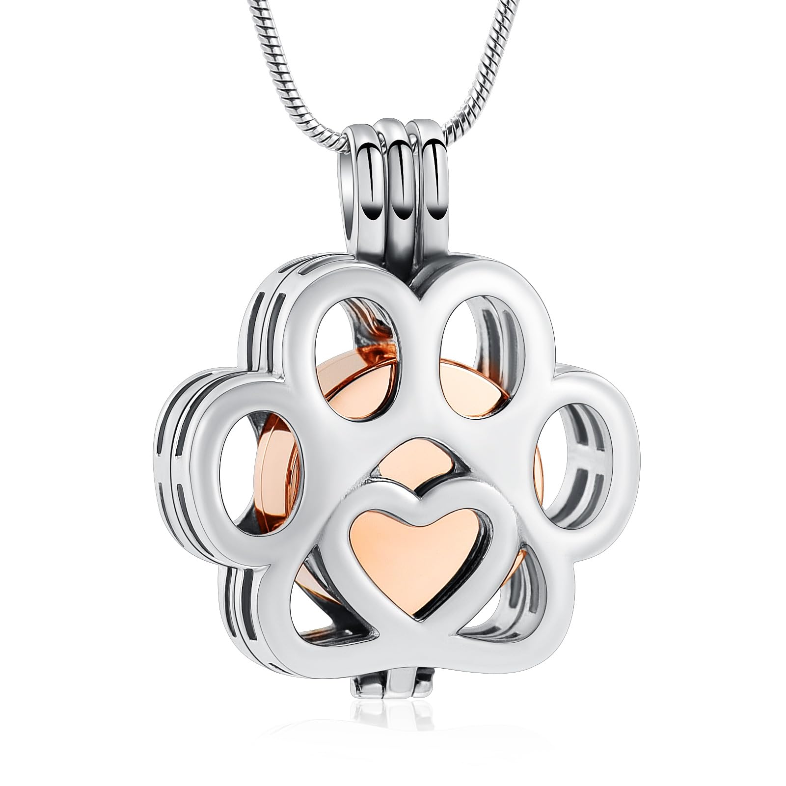 VCCWYQK Cremation Jewelry For Ashes For Dog/Cat Paw Stainless Steel Memorial Locket Urn Necklace Inside Mini Case Keepsake Cremation Jewelry for Pet (A-Silver+Rose Gold)