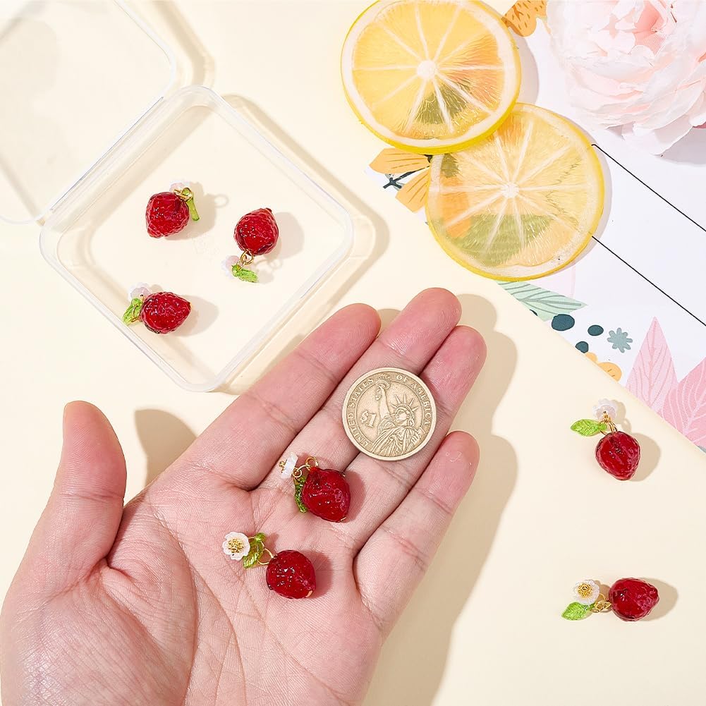 10Pcs Strawberry Bead Charms Lampwork Glass Bead Charms Aesthetic Dark Red 3D Fruit Food Summer Colored Acrylic Resin Small Pendants for Jewelry Bracelets Necklaces Earrings DIY Crafting image 3
