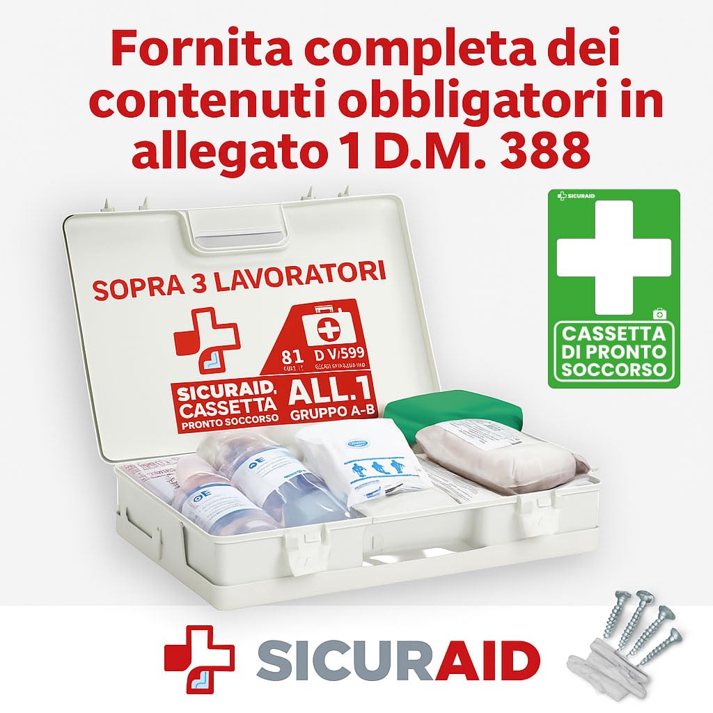 SICURAID Cassetta Pronto Soccorso Aziende più 3 Dipendenti -Cassetta Pronto Soccorso Allegato 1 Gruppo A-B Completa con Cartello e Web App SicurApp (Allegato 1 Gruppo A B)