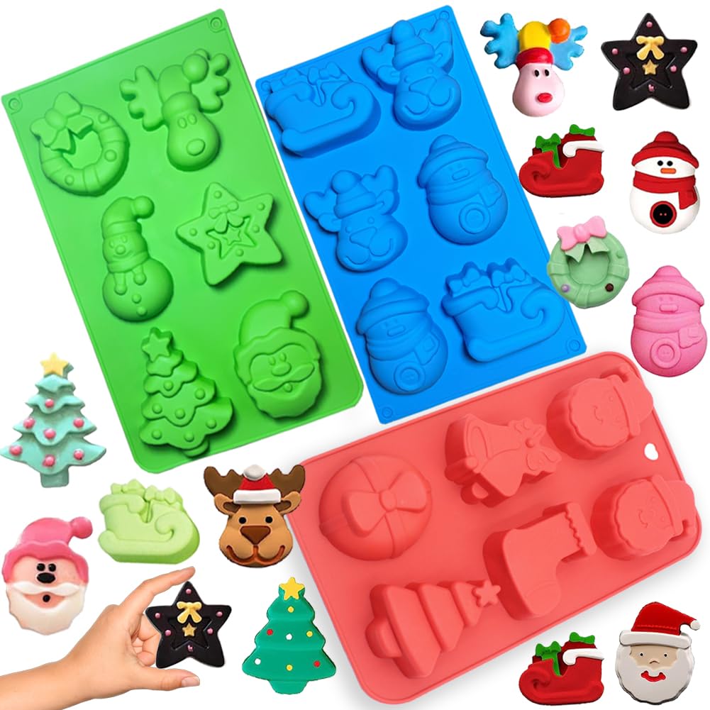 Molde De Silicona Para Jabones Navideños | 2 Piezas (Azul Y Morado) | Formas De Papá Noel, Reno, Muñeco De Nieve | Para Hornear Y Proyectos DIY