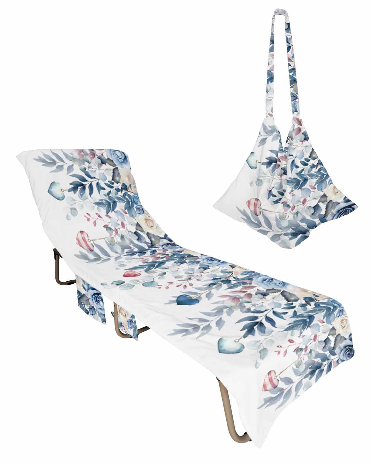 Valentine's Blue Rose Beach Chair Towel Covers for Chaise Lounge with Side Pocket, Soft Plush Pool Towels Cover for Patio Sunbathing Outdoor 29''x85'' Spring Weeping Eucalyptus Leaves