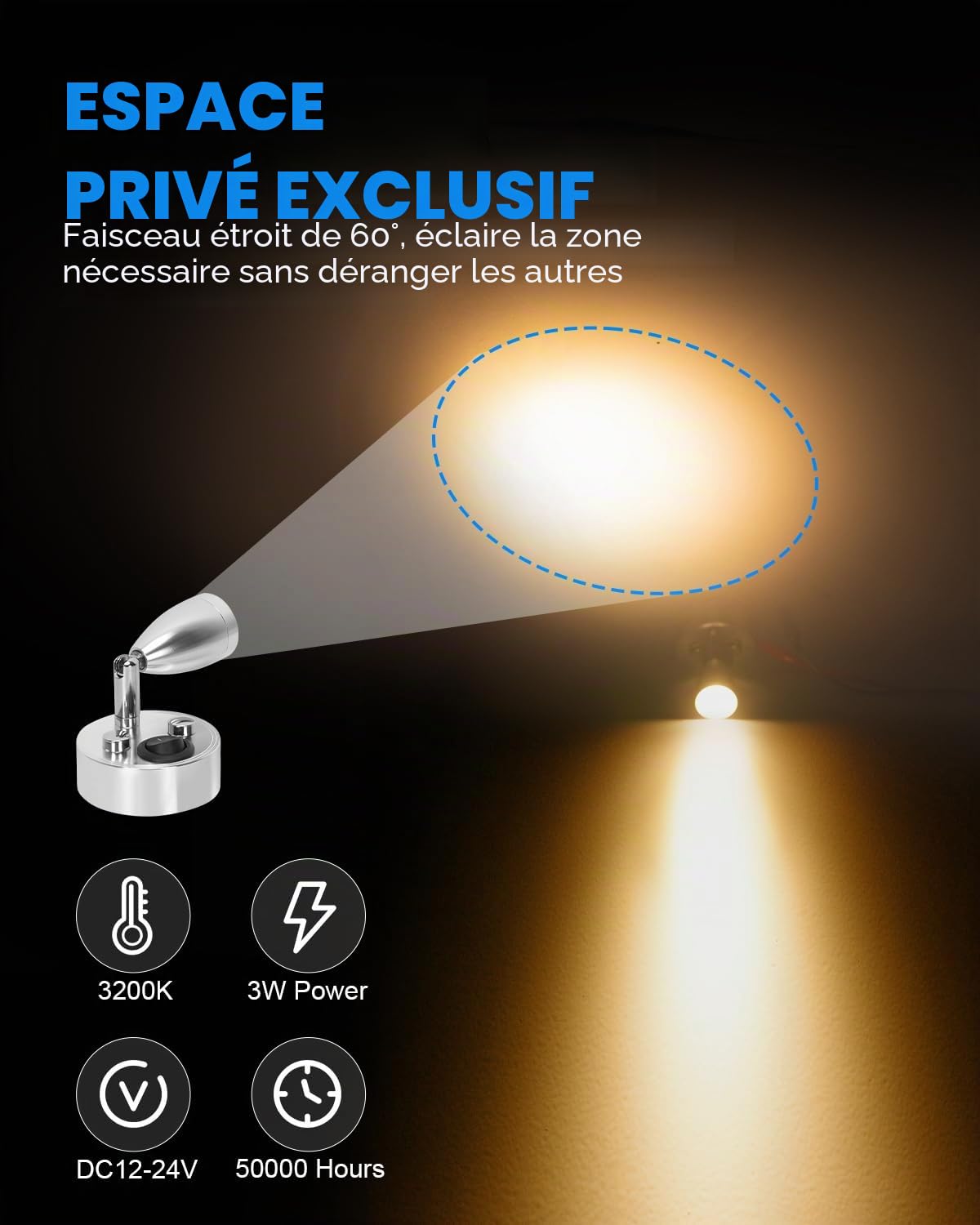 SUPAREE 12V LED Spot Lampe de Lecture Interrupteur Réglable Lumière Chaude pour Camping Car Van Bateau Led Lumière Intérieure (2 PCS) (A-ON/OFF Switch)