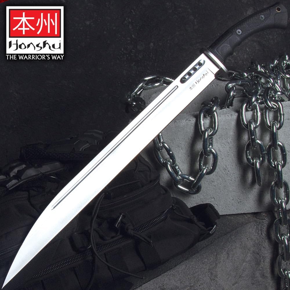 Honshu Boshin Seax Knife | 19 3/8" Full-Tang Stainless Steel Blade | Textured TPR Handle | Premium Leather Sheath with Paracord Lanyard | Modern Tactical Seax Design | 25 3/4" Overall Length