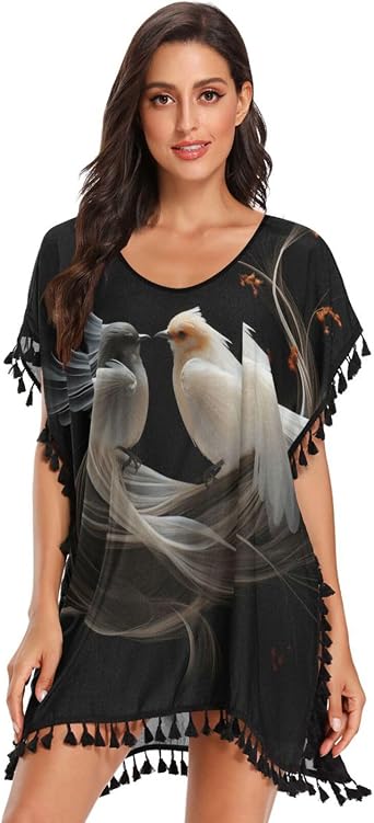 Abstract White Birds Womens Beach Cover Up Chiffon Tassel Swimwear Swimsuit Coverups for Girl