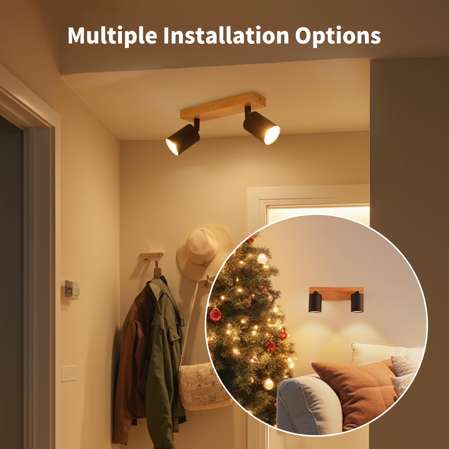 LVWIT Lámparas de Techo, GU10 Pantalla de Luz de Madera, 2 Way Accesorios de Luz Techos,Lámpara de Techo de pared Industrial Ajustable, Foco de Techo para Sala de Estar(No Incluye Bombillas)