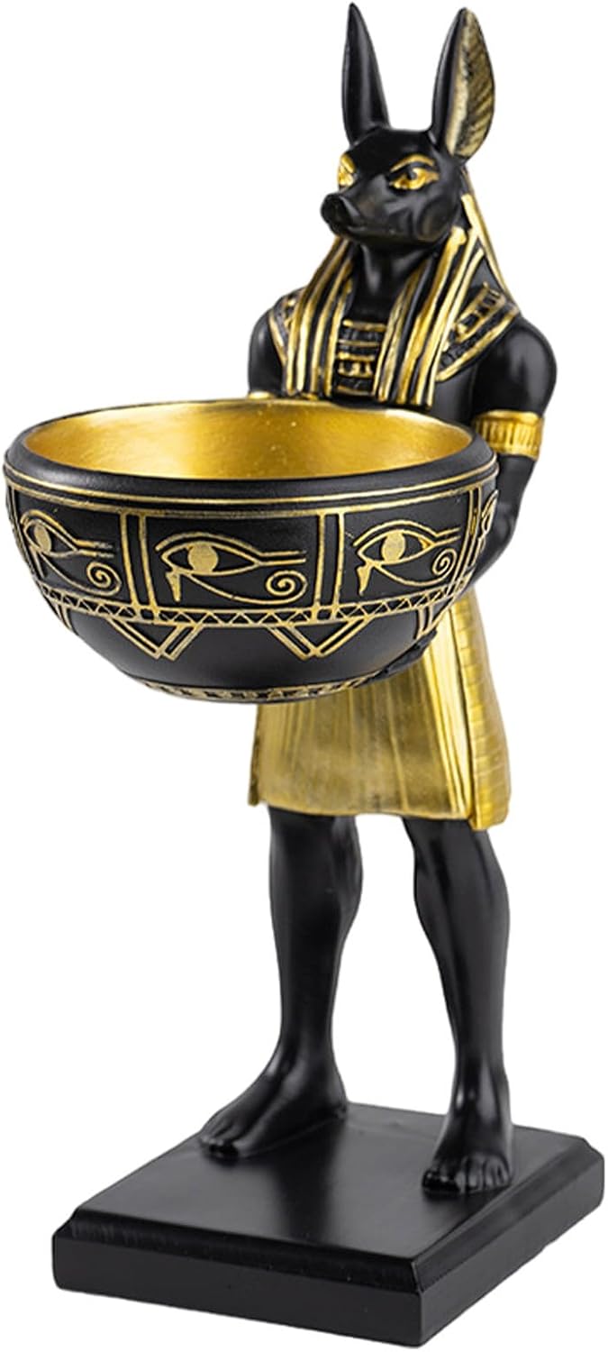 Egyptian Anubis Resin Statue Candy Bowl and Key Holder Tray with Ancient Egypt Theme, Unique Desktop Catchall Figurine for Home Decor and Halloween Party Use