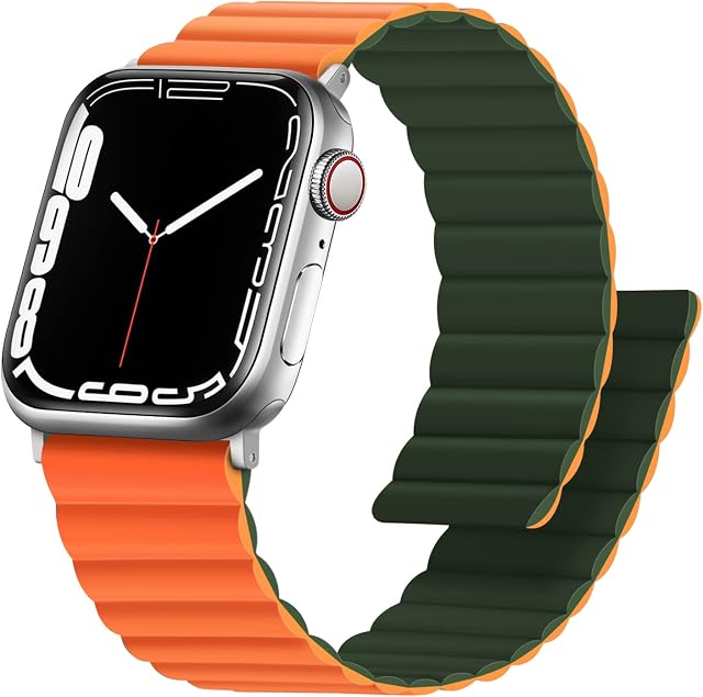 Anlinser Magnetic Straps Compatible with Apple Watch Strap 45mm 44mm 42mm 41mm 40mm 38mm, Double Side Reversible Replacement Band for iWatch Series 8/7/6/5/4/3/2/1/SE (45mm/44mm/42mm, Green/Orange)
