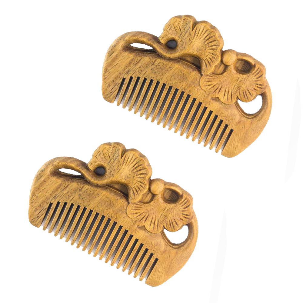 Peine de sándalo natural de tamaño de bolsillo, peine de madera de sándalo verde tallado, peine de madera de dientes finos antiestático para mujeres y niños, 2 piezas con bolsa gratis